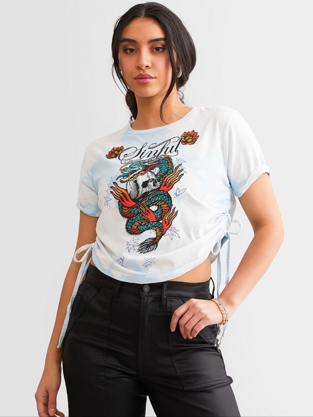 NWT | Sinful By Affliction Dragon Fire Skull Rhinestone Scrunch Crop Top | Large